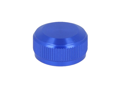 Eine blaue, runde Avail 19 SLX MGL | 20 SLX DC | 21 SLX BFS Aluminium Spool Tension Knob Cap mit strukturiertem Griff, abgebildet auf einem schlichten weißen Hintergrund.