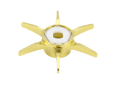 Die Avail Hexagonal Sternbremse für Shimano von Avail ist ein goldenes Bauteil mit fünf flachen Speichen und einer weißen sechseckigen Sternbremsöffnung in der Mitte, abgebildet auf weißem Hintergrund.