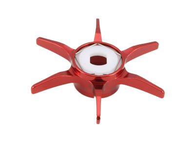 Eine rote, sechsspeichige Avail Hexagonal Sternbremse für Shimano, mit einem weißen sechseckigen Zentrum, von oben gesehen vor einem schlichten weißen Hintergrund.