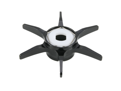 Die Avail Hexagonal Sternbremse für Shimano von Avail ist ein schwarzes Objekt mit sechs gleichmäßig verteilten Armen und einem weißen sechseckigen Zentrum, das vor einem schlichten weißen Hintergrund gezeigt wird.