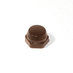 Eine kleine, braune Avail Shimano Griffmutter M7 für Original Shimano Kurbeln, geformt wie eine Sechskantmutter mit glatter, abgerundeter Oberseite, ist auf einem schlichten weißen Hintergrund platziert.