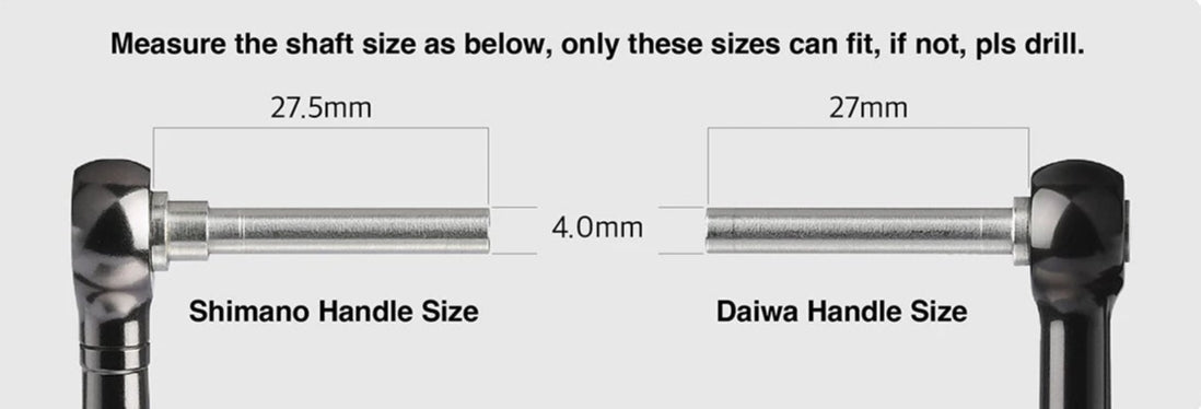 Das Diagramm zeigt zwei Angelrollengriffe: links Shimano mit 27,5 mm x 4,0 mm Schaft, rechts Daiwa mit 27 mm x 4,0 mm Schaft - beide perfekt für die Aufrüstung mit dem Gomexus 30 mm TPE-L Knopf von Gomexus.