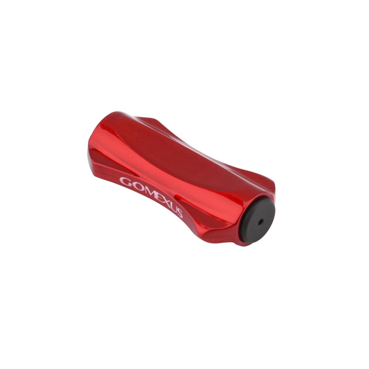 Der Gomexus Ultra Light Knob von Gomexus ist ein roter, metallischer Angelrollengriffknopf mit glattem, konturiertem Design und schwarzem, rundem Ende, kompatibel mit Shimano- und Daiwa-Rollen, abgebildet auf weißem Hintergrund.