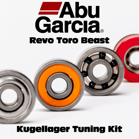 Auf weißem Hintergrund sind vier Kugellager in verschiedenen Farben abgebildet. Text: RL-TNG Kugellager Tuning Kit für Abu Garcia Revo Toro Beast | Hybrid Spulenlager & Pinionlager Set | RL-Angelrollentuning.