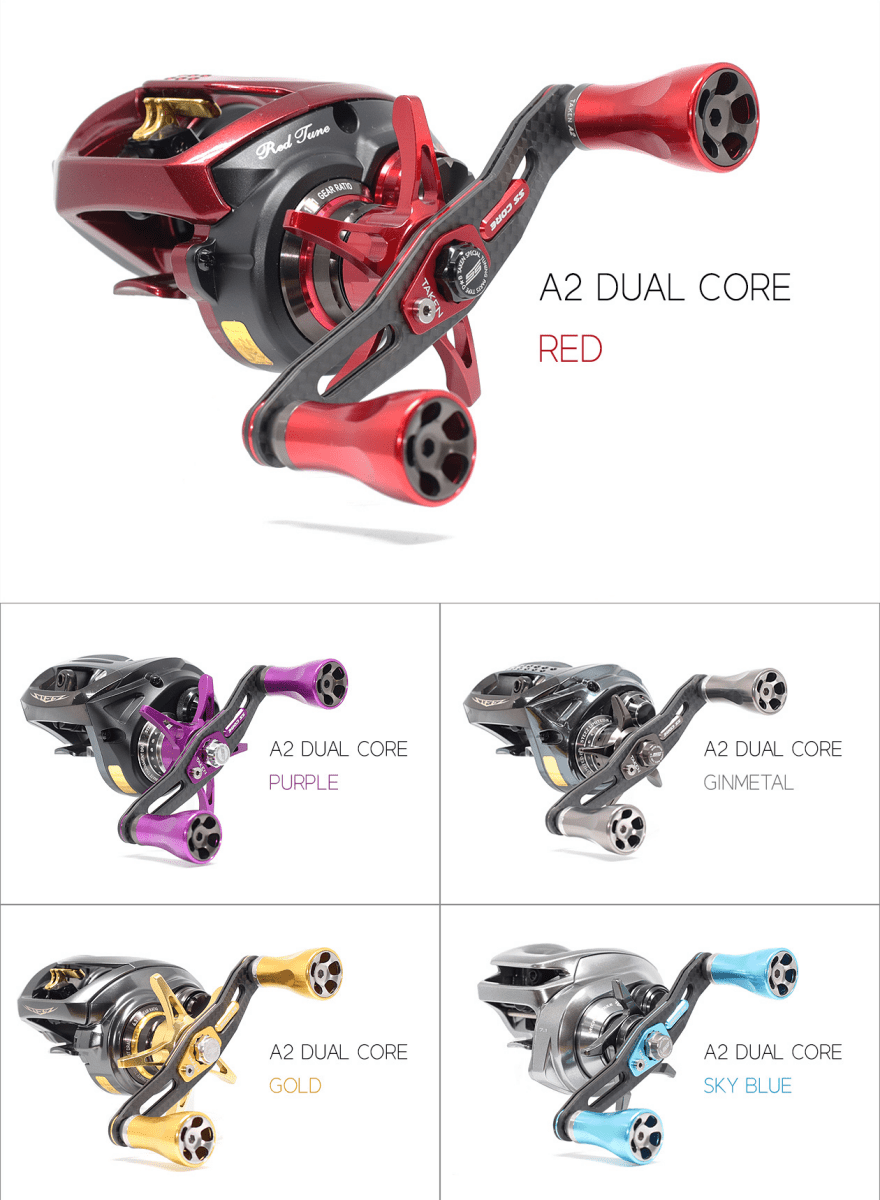 Der Taken A2 Carbon Handle 90 mm, eine Tuning-Doppelrahmen-Carbonkurbel mit A2-Aluminium-Knöpfen für Shimano & Daiwa, ist in den Farben Rot, Lila, Rotguss, Gold und Himmelblau erhältlich. Jeder ist angewinkelt, um den Griff und die Kurbel hervorzuheben.