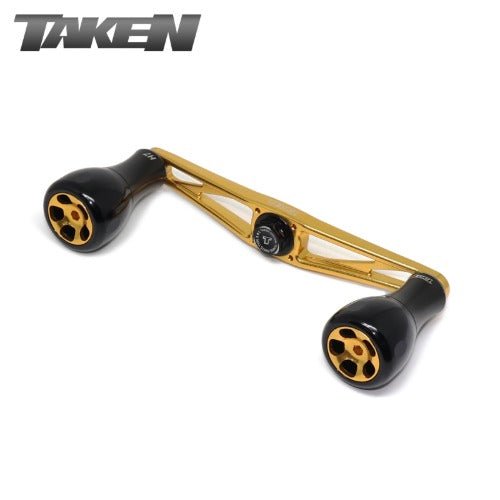 Der Taken AZ100 Power Handle von Taken aus goldenem Duraluminium mit H7-Knöpfen für Shimano und Daiwa verfügt über Doppelgriffe mit schwarzen Rundgriffen und TAKEN-Branding auf weißem Hintergrund.
