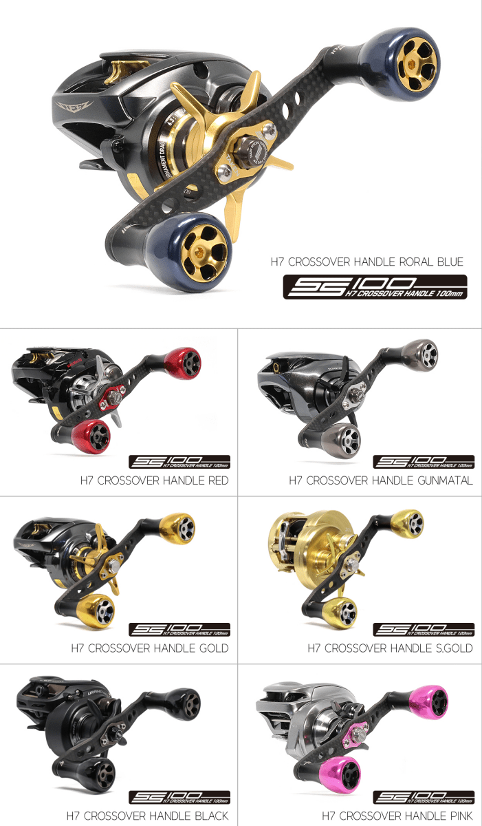 Die Collage zeigt eine Angelrolle von Shimano und Daiwa mit dem Taken H7 SS Crossover Carbon Griff 100 mm und H7 Aluminium Knobs in den Farben Royal Blue, Red, Gunmetal, Gold, Black und Pink, alle mit dem Taken Markenlogo versehen.