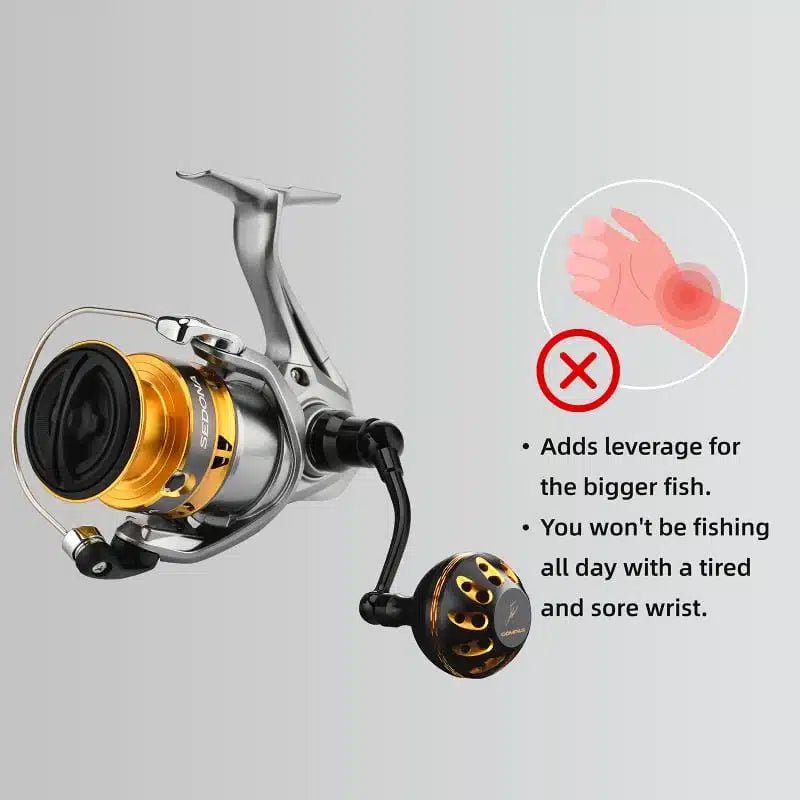 RL - Angelrollentuning - Gomexus Aluminium Handle 57 mm mit 35 mm Power Knob für Shimano Spinnrollen | Lock - Type Kurbelarm Upgrade - Gold -