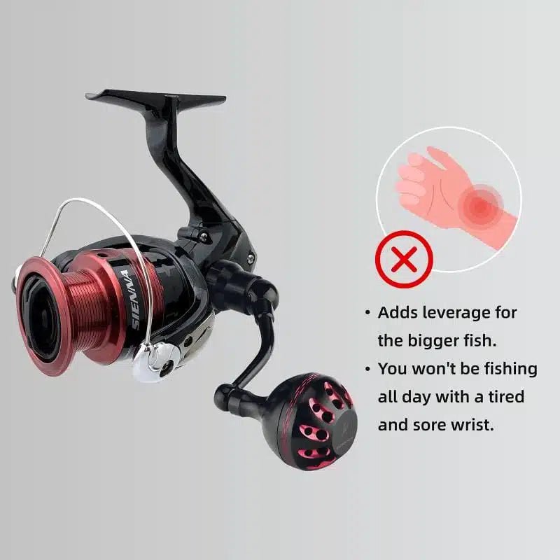 RL - Angelrollentuning - Gomexus Aluminium Handle 57 mm mit 35 mm Power Knob für Shimano Spinnrollen | Lock - Type Kurbelarm Upgrade - Rot -