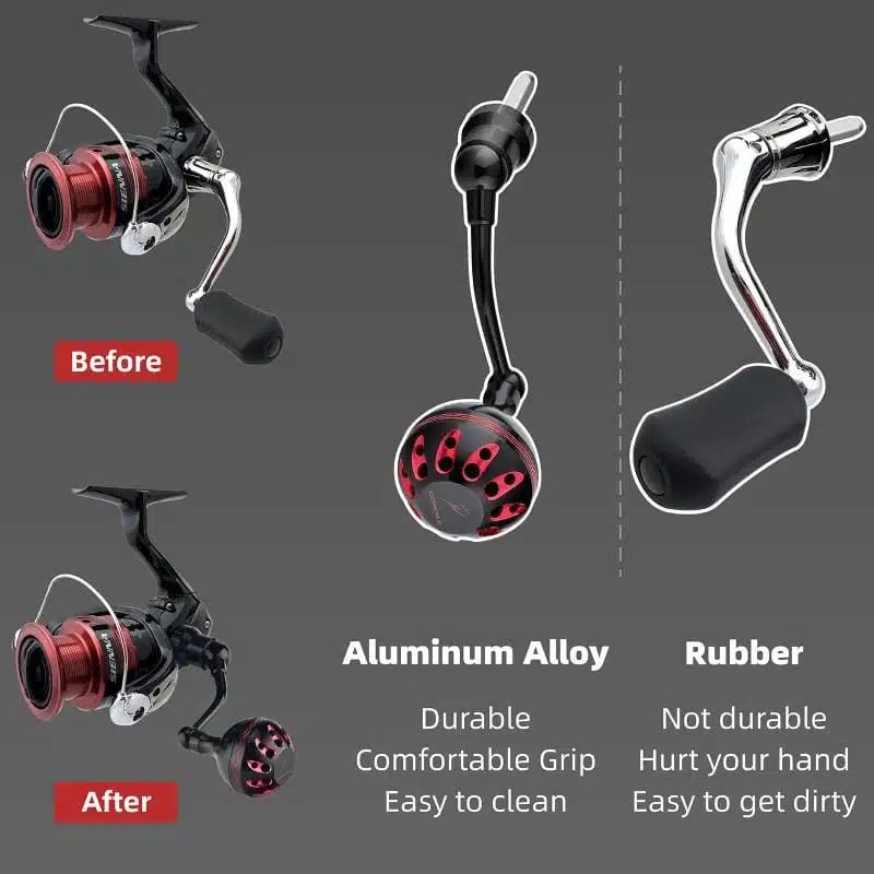 RL - Angelrollentuning - Gomexus Aluminium Handle 57 mm mit 35 mm Power Knob für Shimano Spinnrollen | Lock - Type Kurbelarm Upgrade - Rot -