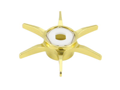 Die Avail Hexagonal Sternbremse für Shimano von Avail ist ein goldenes Bauteil mit fünf flachen Speichen und einer weißen sechseckigen Sternbremsöffnung in der Mitte, abgebildet auf weißem Hintergrund.