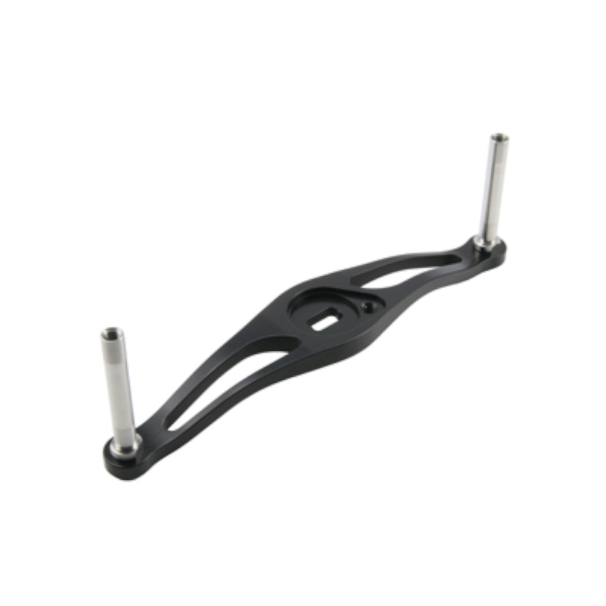 Der Avail Offset Handle STi2 fΓΌr Shimano 95/100/105mm in Schwarz verfΓΌgt ΓΌber eine schwarze Metallhalterung mit zwei LanglΓΆchern und zwei aufrechten silbernen ZylinderstΓ€ben - perfekt fΓΌr Angler, die ein zuverlΓ€ssiges Upgrade wΓΌnschen.