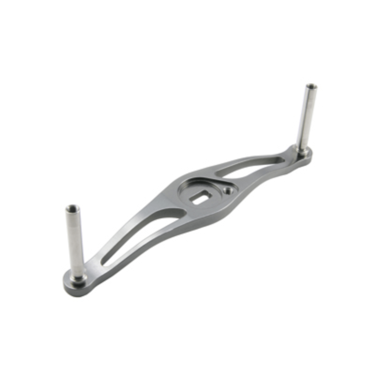 Der Avail Offset Handle STi2 fΓΌr Shimano 95/100/105mm in Silber ist ein MetallbΓΌgel mit einer zentralen Aussparung und zwei vertikalen zylindrischen Pfosten, Γ€hnlich den Komponenten, die in Shimano Systemen fΓΌr engagierte Angler verwendet werden.