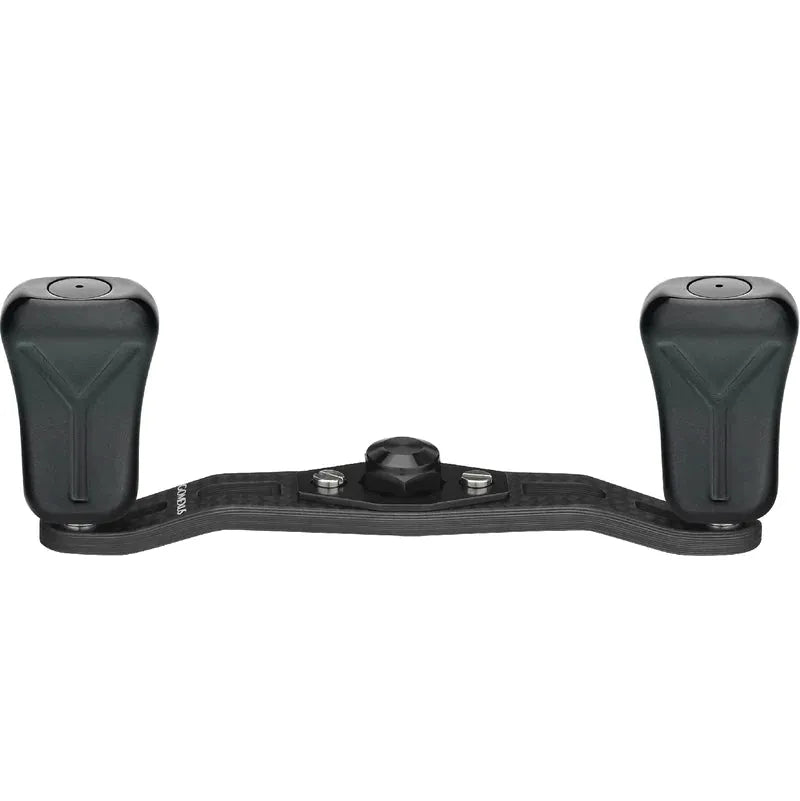 Der Gomexus 85|95 mm Carbon-Griff mit 21 mm Verbundknöpfen (8 x 5 mm) verfügt über zwei ergonomische Knöpfe und eine zentrale Halterung, dargestellt in Schwarz auf weißem Hintergrund – ideal zum Aufrüsten Ihrer Baitcasting-Rolle.