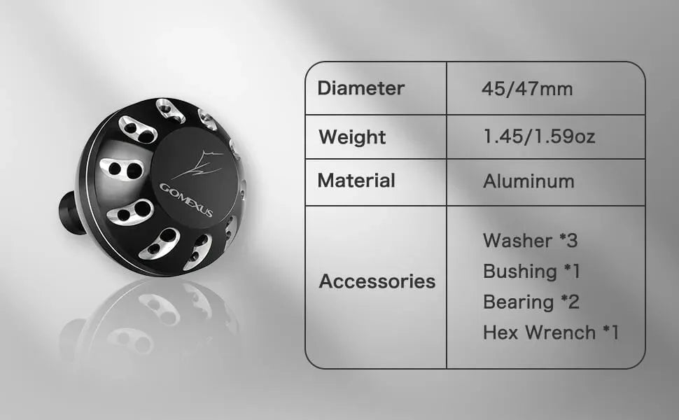 Der Gomexus Aluminum Reel Power Knob 45-47 mm | Typ B, ein runder, schwarz-silberner Metallknopf von Gomexus, wird mit Spezifikationen gezeigt: 45/47 mm Durchmesser, 1,45/1,59 oz Gewicht, Aluminiumausführung, sowie Unterlegscheiben, Buchsen, Lager und Inbusschlüssel.