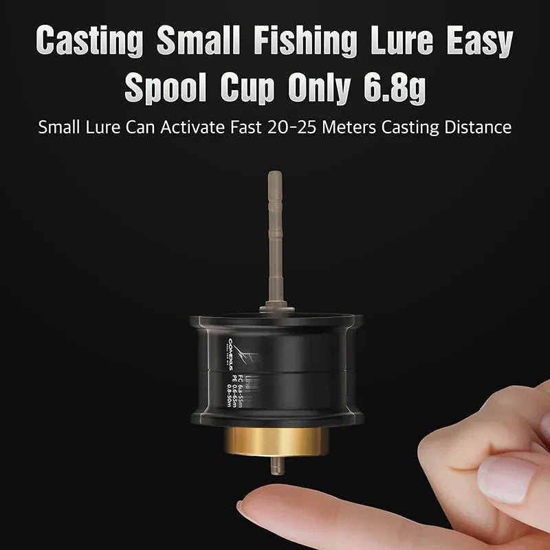 Eine Hand hält die leichte Gomexus Aluminiumspule für die Daiwa Tatula TW 80. Darüber steht: „Kleine Angelköder leicht werfen – Spulenbecher nur 6,8 g, Wurfweite 20–25 m mit kleinen Ködern.“ Marke: Gomexus.