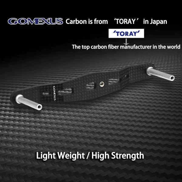 Ein Gomexus Carbon 105 mm Griff mit 27 mm Kork Knobs ist auf einem strukturierten Hintergrund abgebildet. Der Text hebt sein geringes Gewicht, seine Stärke und die hochwertige TORAY-Carbonfaser des renommierten japanischen Herstellers hervor.