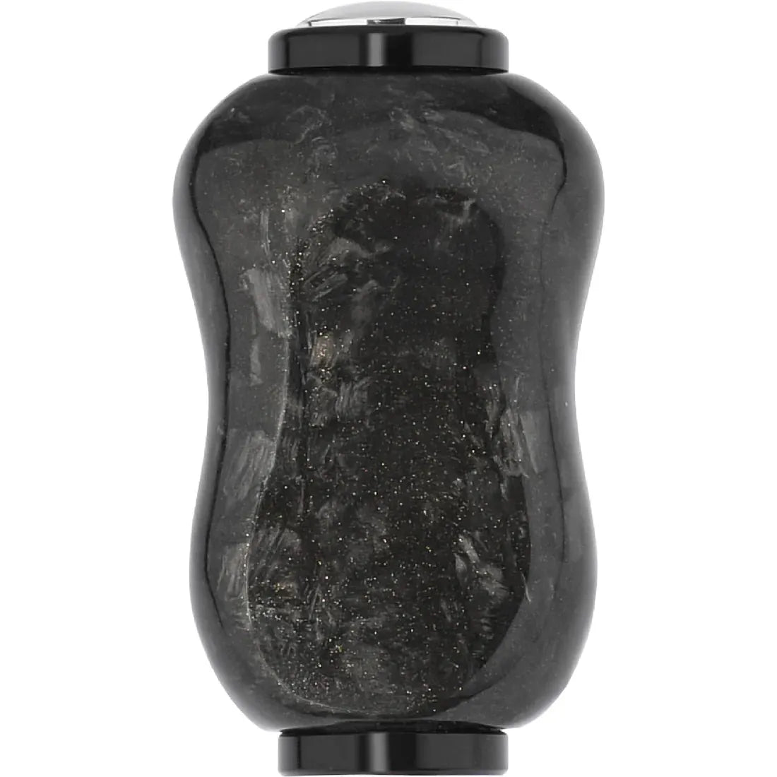 Der Gomexus Carbon Forged F22 Knob ist ein schwarzer, ergonomisch geformter Griff mit einer glänzenden, marmorierten Textur, einem subtilen Sanduhrdesign und eleganten Metallakzenten an beiden Enden - hergestellt von Gomexus.