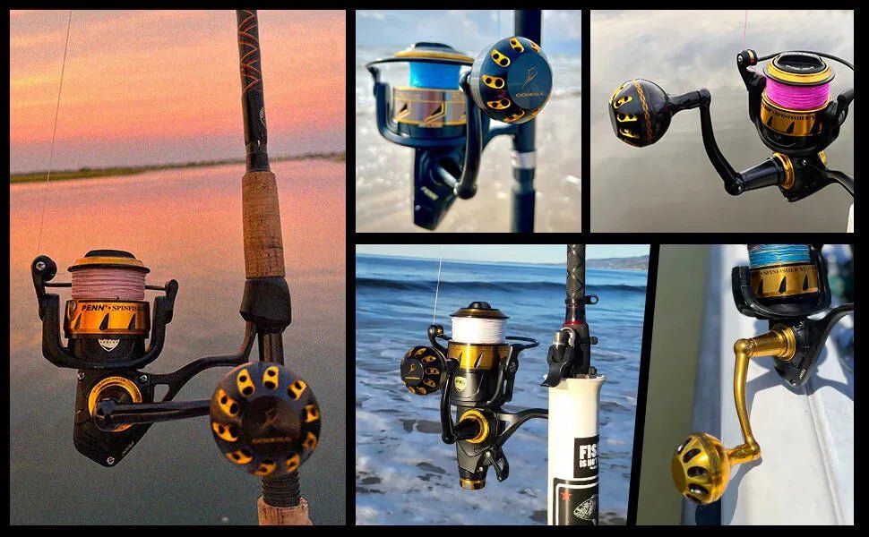 Eine Collage aus fünf Fotos zeigt goldene und schwarze Gomexus Plug & Play Aluminium Power Handles auf Penn Spinfisher-Rollen der Serien 2500–10500, die am Wasser an Ruten befestigt sind und in Nahaufnahmen und Action-Aufnahmen gezeigt werden.