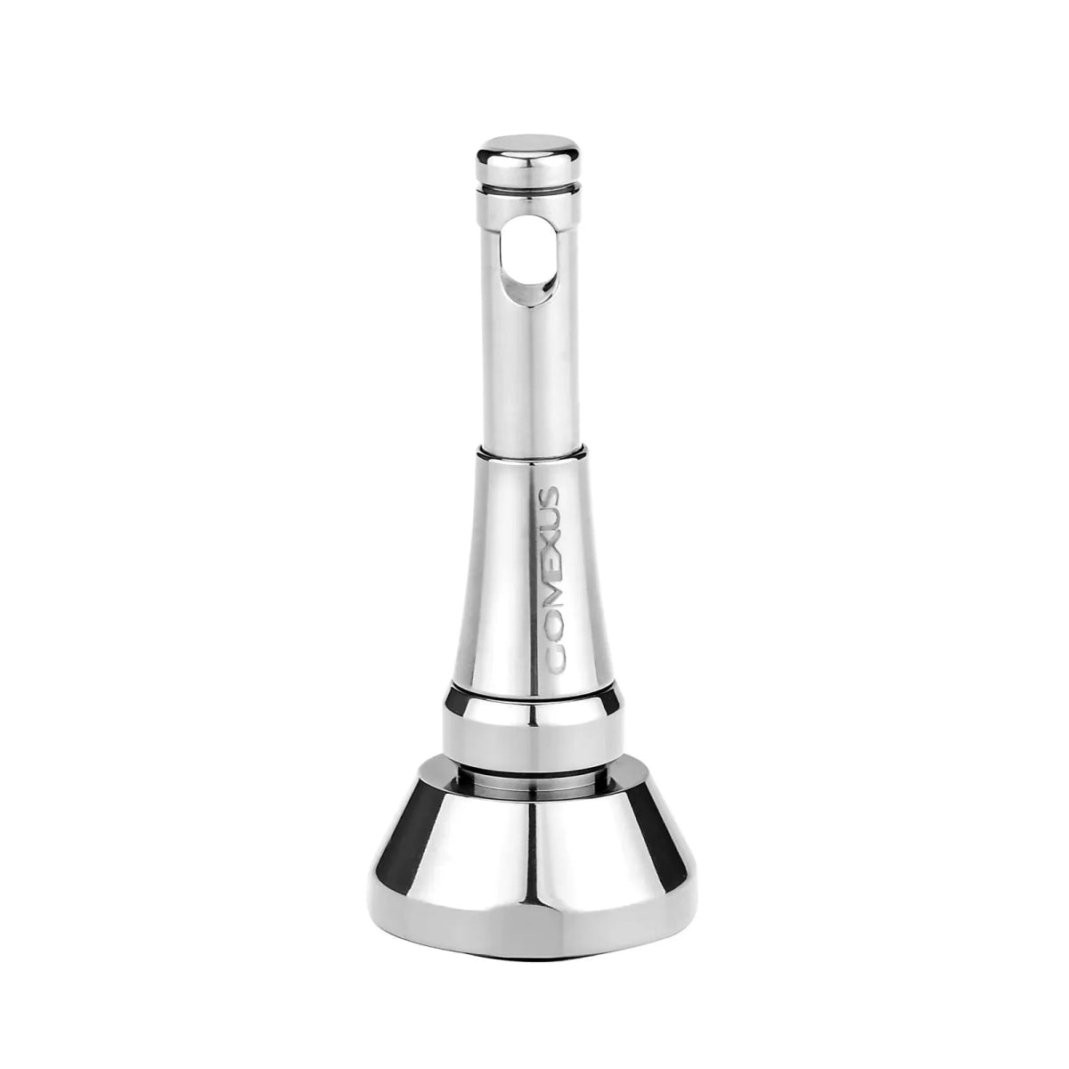 Ein silbernes, metallisches Mundstück steht aufrecht auf einem weißen Hintergrund und ähnelt dem schlanken Design des faltbaren Schutzständers für Stationärrollen Gomexus Reel Stand TR6, auf dessen Mittelteil „Gomexus“ eingraviert ist.
