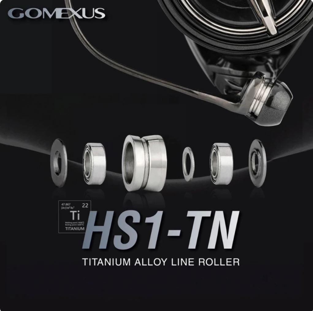 Ein Werbebild für das Gomexus Schnurlaufröllchen für Shimano Angelrollen zeigt mehrere Komponenten in einer Reihe, den Produktnamen, Spezifikationen und die herausragende Wetterbeständigkeit von Gomexus.