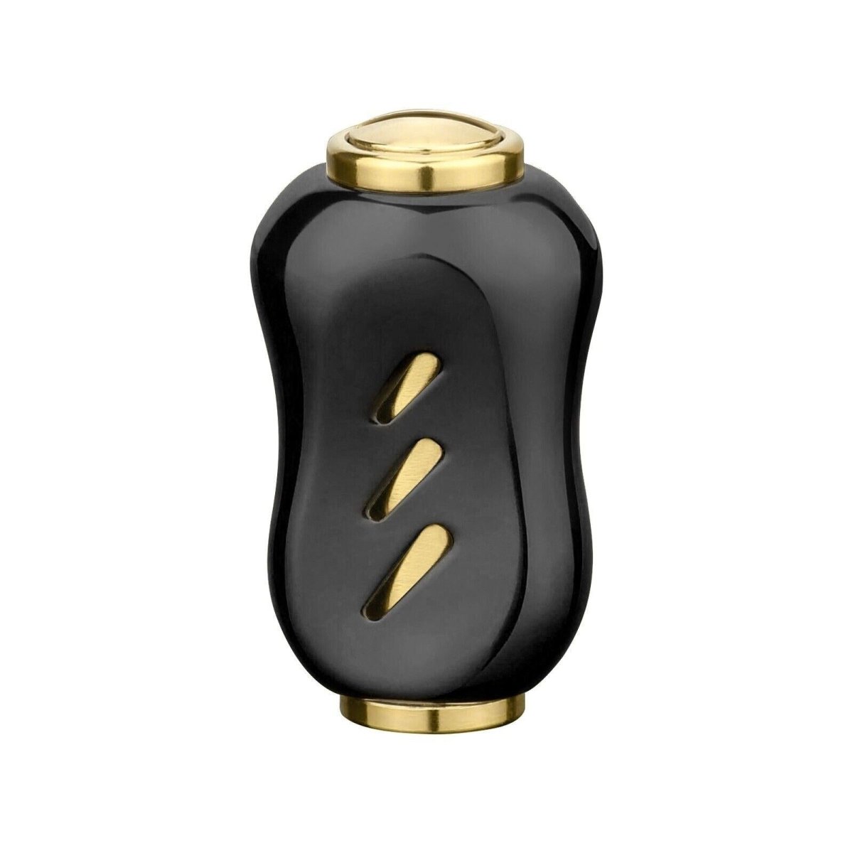 Ein schwarz-goldener Gomexus-Knopf aus Titan (22 mm) mit zylindrischer, gewellter Form, drei diagonalen Goldschlitzen an der Seite und goldfarbenen, runden Enden wird vor einem schlichten weißen Hintergrund gezeigt.