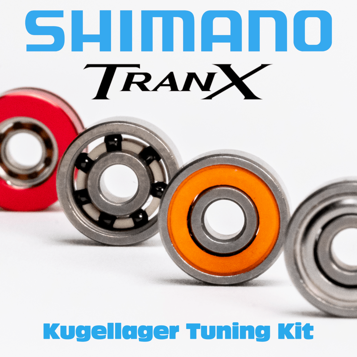 Nahaufnahme von vier verschiedenfarbigen Kugellagern mit dem Schriftzug RL-TNG Kugellager Tuning Kit für Shimano Tranx - Spulenlager & Ritzellager Upgrade by RL-Angelrollentuning oben und unten, dargestellt auf weißem Hintergrund.