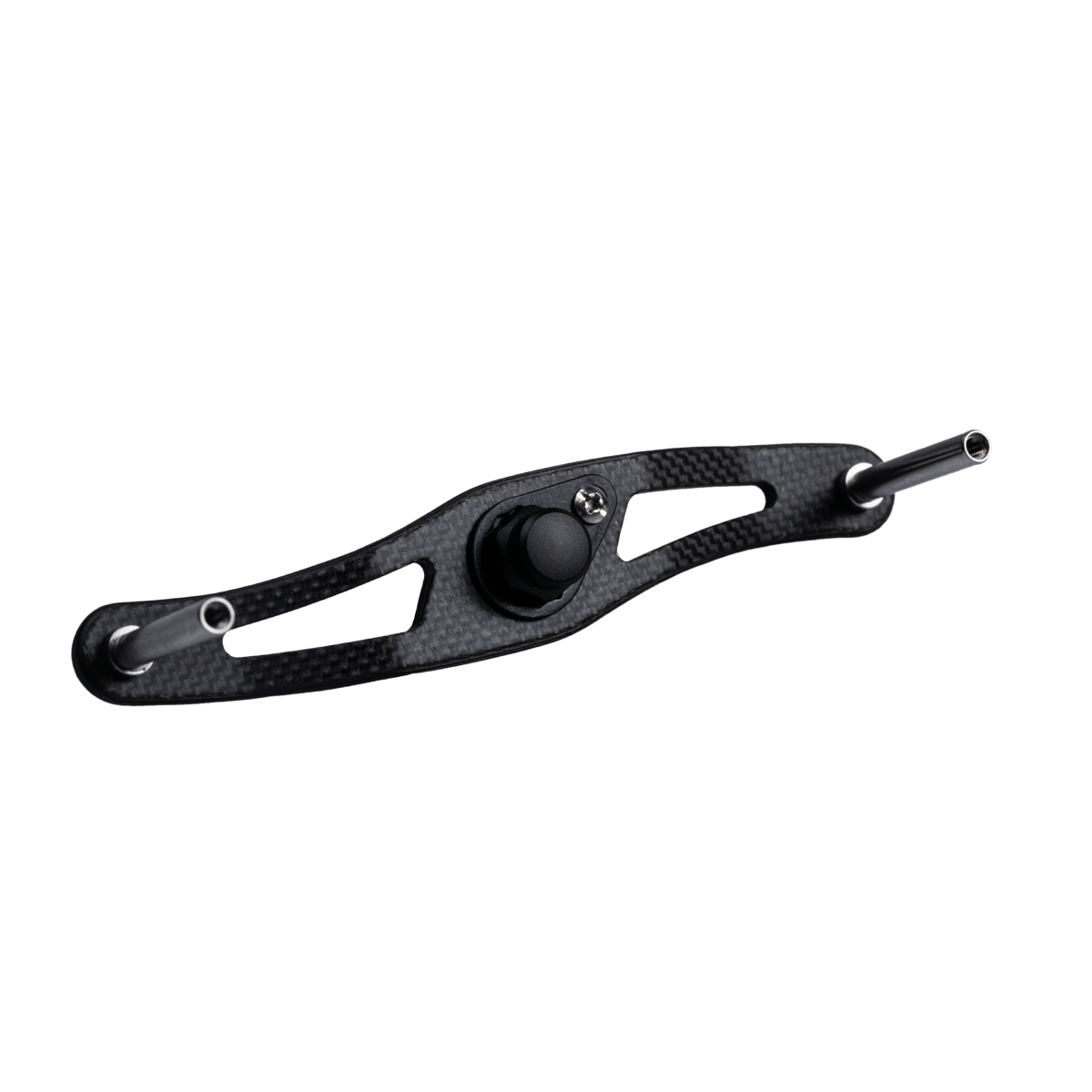 Ein schwarzer RL-TNG DRG 95 Carbon Handle | Baitcaster-Kurbel in „Schwarz“ ist an jedem Ende an zwei Metallstangen befestigt und verfügt über zwei längliche Schlitze und einen zentralen Knopf, alles vor einem weißen Hintergrund.