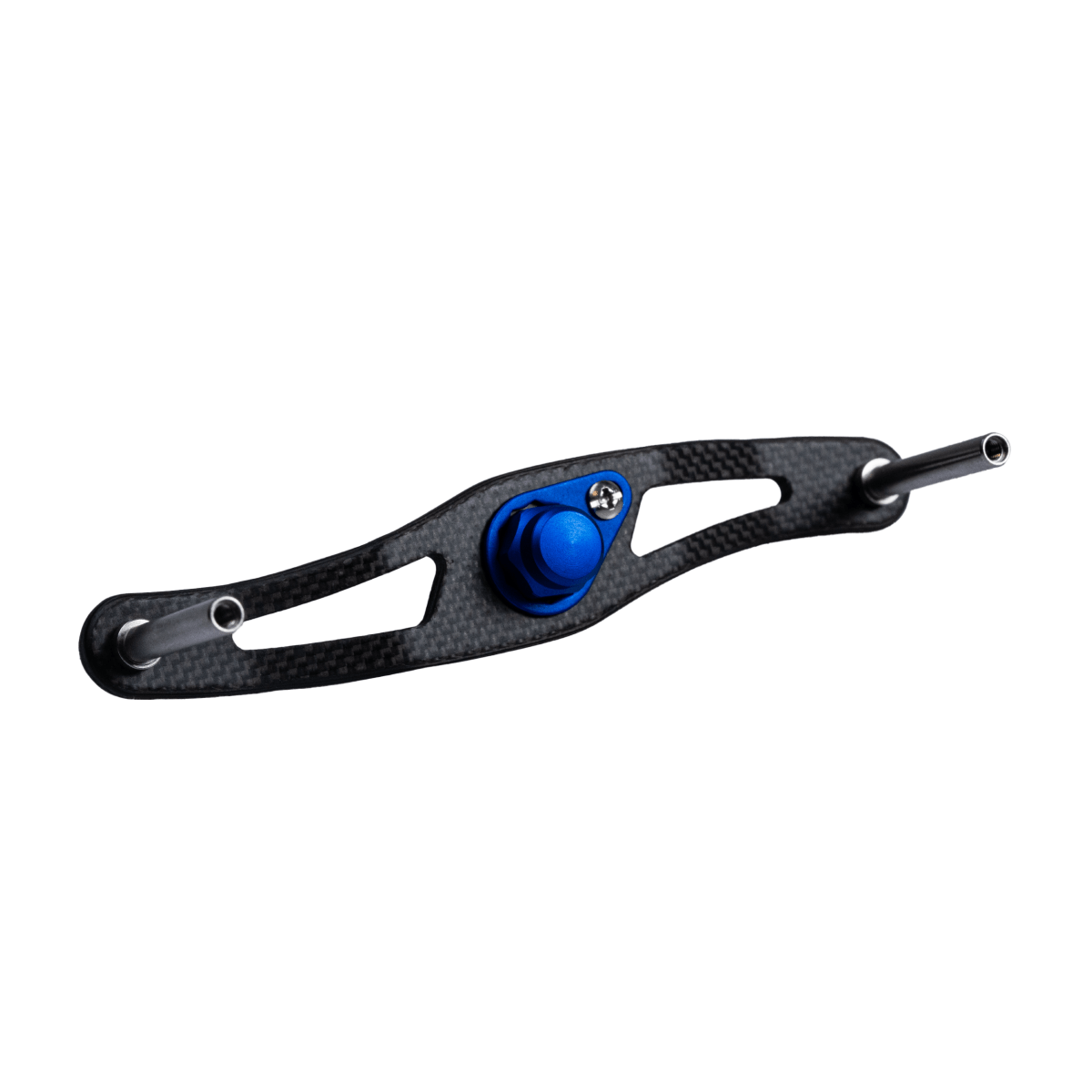 Der RL-TNG DRG 95 Carbon Handle | Baitcaster-Kurbel von RL-TNG in Blau verfügt über eine ultraleichte Halterung aus Kohlefaser mit einem blauen Knopf und zwei Metallstangen, die auf weißem Hintergrund dargestellt sind.