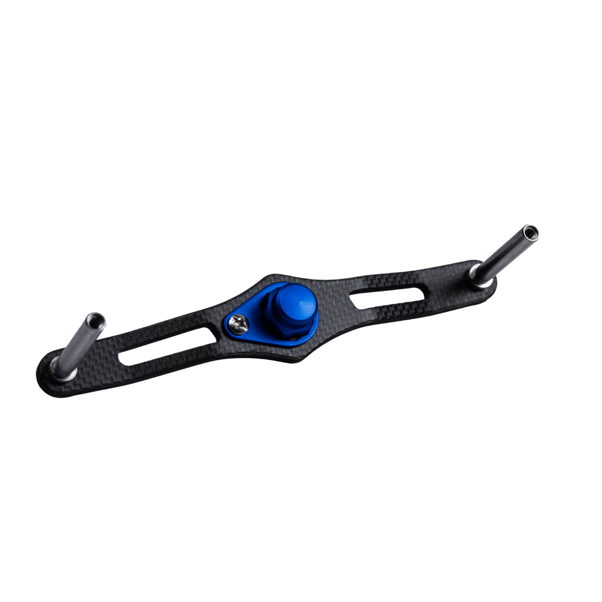 RL-TNG EGL 95 Carbon-Griff | Baitcaster-Kurbel von RL-TNG in Blau: Eine leichte schwarze Halterung aus Kohlefaser mit parallelen Schlitzen, blauem Mittelknopf und Metallstangen β perfekt als Upgrade fΓΌr den Baitcaster-Griff, abgebildet auf weiΓem Hintergrund.