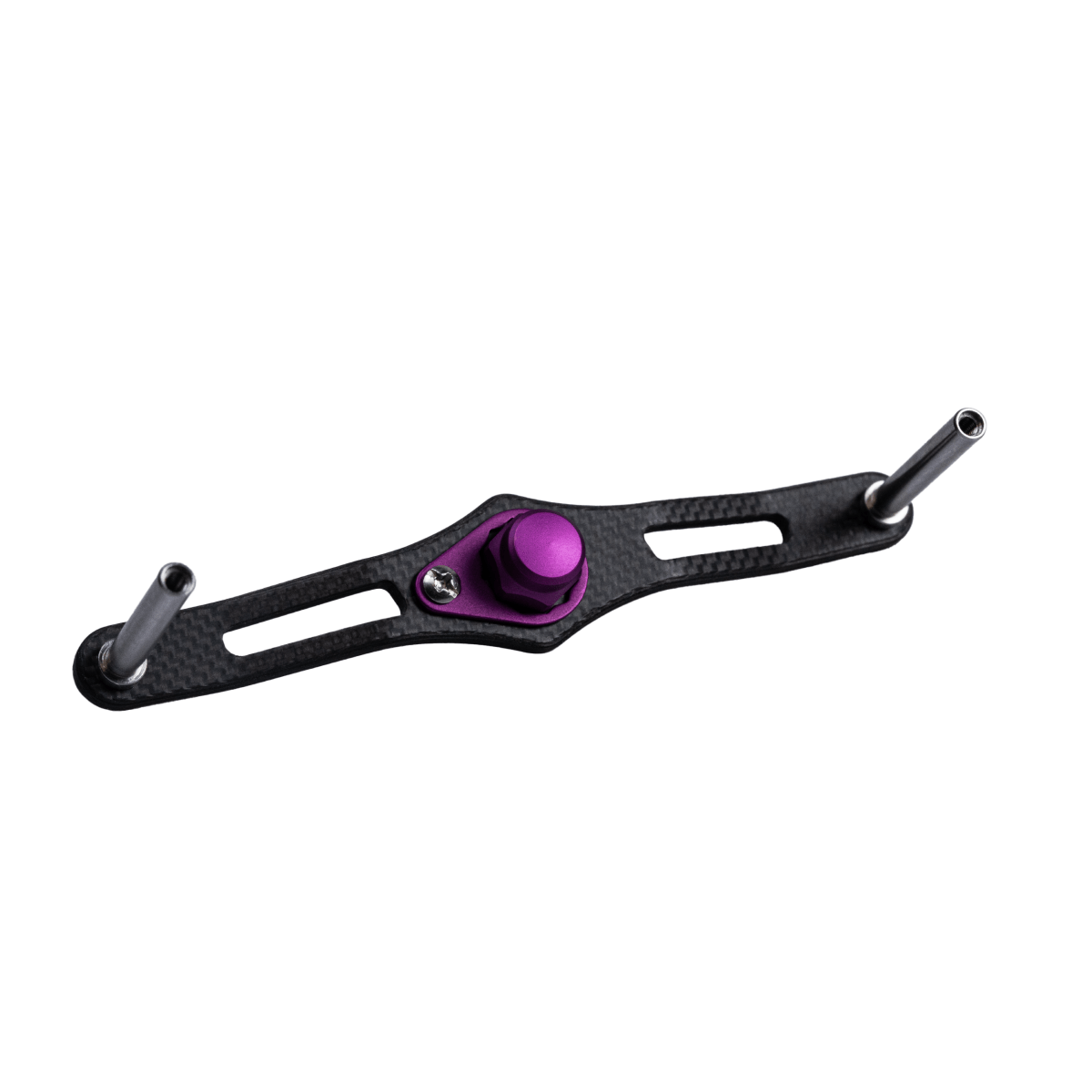 Eine schwarze RL-TNG EGL 95 Carbon Handle Baitcaster-Kurbel mit zwei Metallstangen an jedem Ende und einem violetten zentralen Einstellknopf, isoliert auf weiΓem Hintergrund.