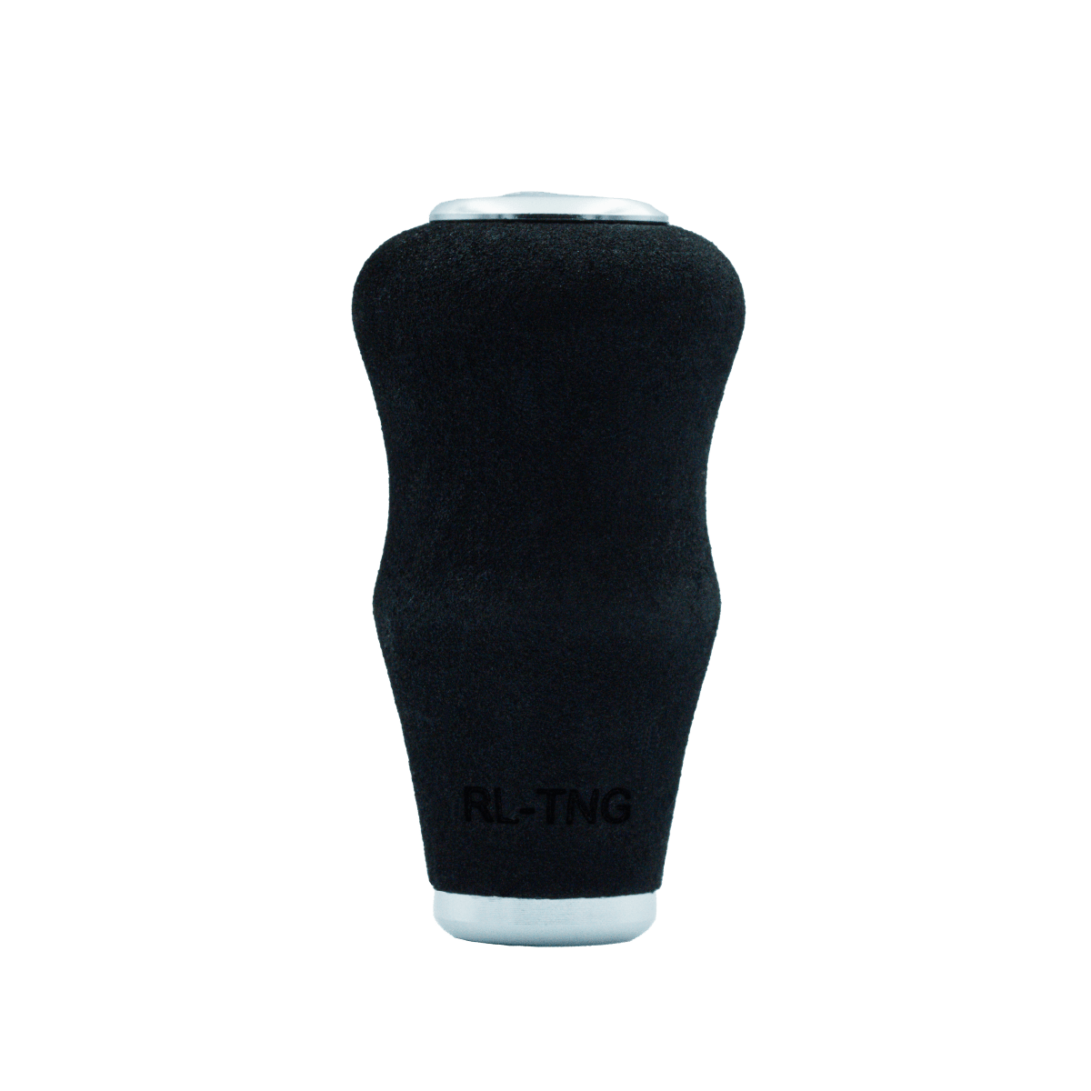 Ein silberner RL-TNG OCT 24 EVA-Knopf von RL-TNG, ergonomisch geformt mit matter Textur und weißen Endkappen, trägt den Schriftzug „RL-TNG“ am unteren Ende. Er besteht aus EVA-Material für optimalen Halt und ist auf einem schlichten weißen Hintergrund abgebildet.