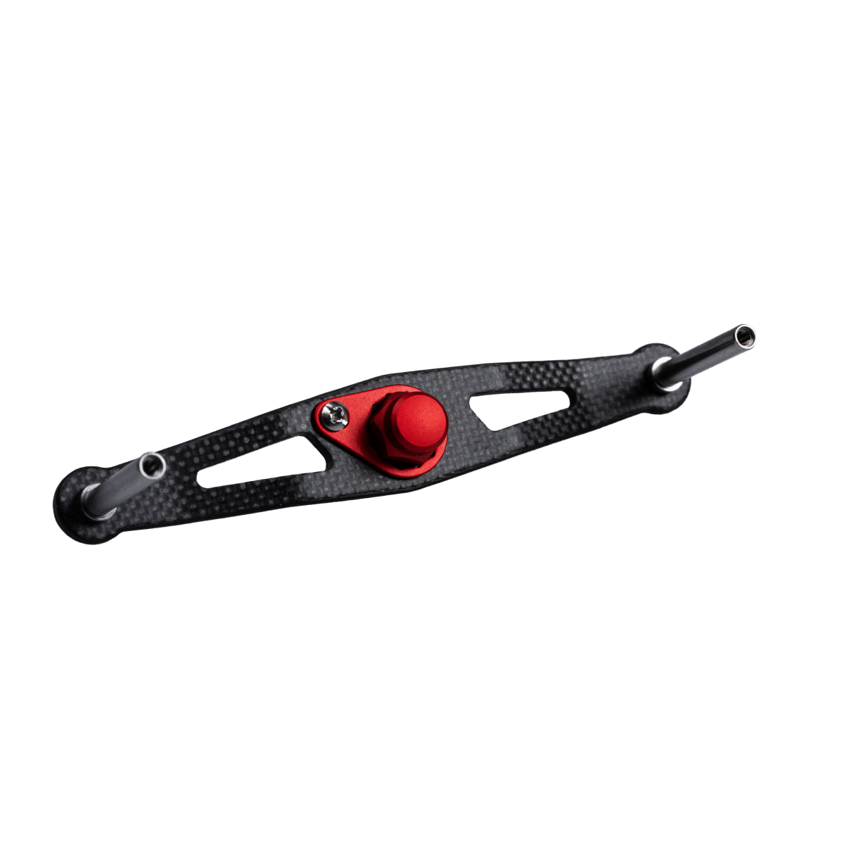 Der RL-TNG TGR 95 Carbon Handle | Baitcaster-Kurbel von RL-TNG in Rot ist ultraleicht, mit doppelten Metallstangen an jedem Ende, einem zentralen roten Knopf, der durch eine Schraube gesichert ist, sowie zwei langen Aussparungen fΓΌr eine flexible Montage oder Gewichtsreduzierung.
