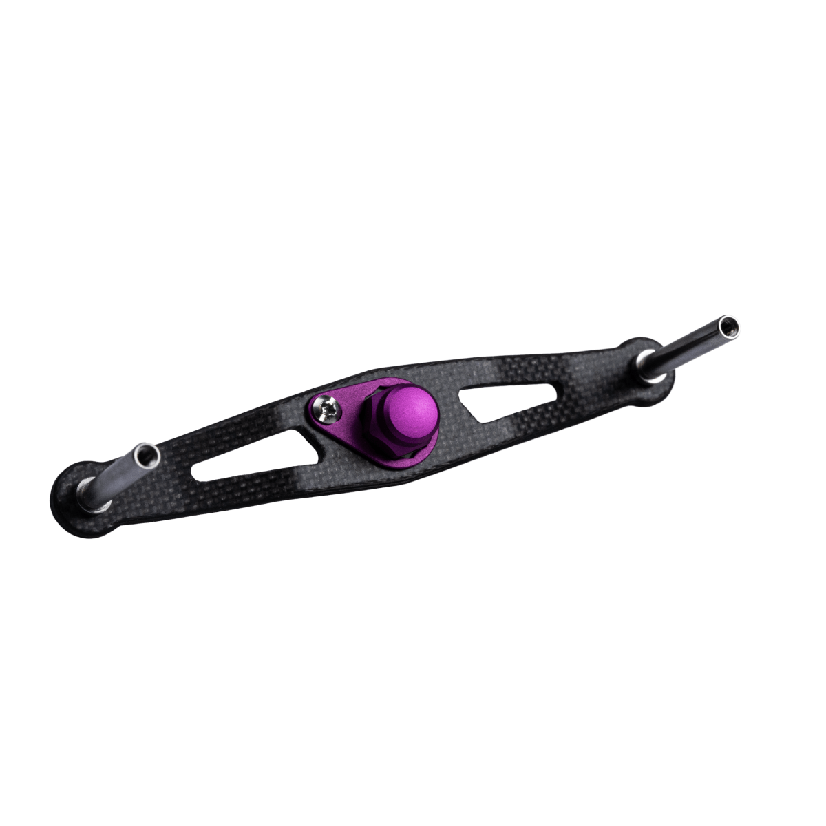 Eine lila RL-TNG TGR 95 Carbon Handle Baitcaster-Kurbel mit einer schwarzen Vollcarbon-Halterung und zwei silbernen Stangen ist auf einem weiΓen Hintergrund fotografiert, was ihre ultraleichte Bauweise und das auffΓ€llige Design von RL-TNG hervorhebt.