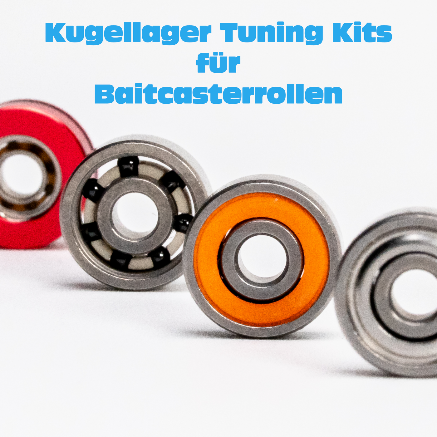 Drei Kugellager in Rot, Schwarz und Orange sind in einer Reihe auf weißem Hintergrund angeordnet. Der blaue deutsche Text darüber lautet: Kugellager Tuning Kits für Baitcasterrollen.