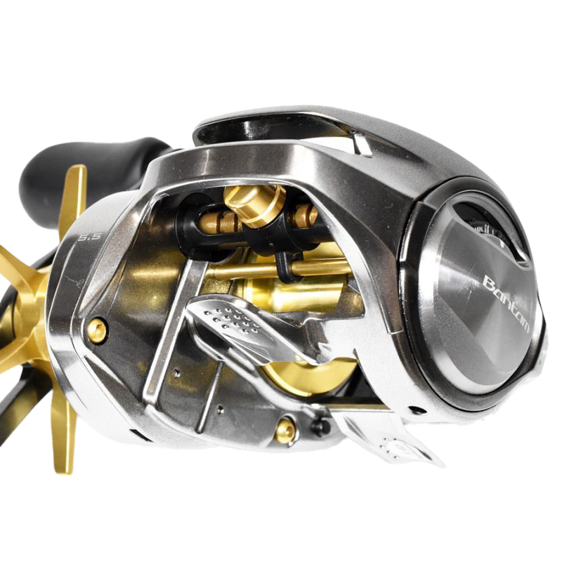 Nahaufnahme einer metallischen Baitcasting-Angelrolle mit silberner und goldener Oberfläche, die detaillierte Komponenten und einen Teil des Griffs zeigt.