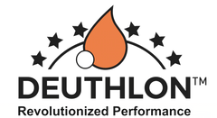 Das Bild zeigt das DEUTHLON™-Logo mit einem orangefarbenen Tropfen und einem kleinen weißen Kreis, umgeben von fünf schwarzen Sternen, darunter der Slogan "Revolutionized Performance" in fetter schwarzer Schrift.