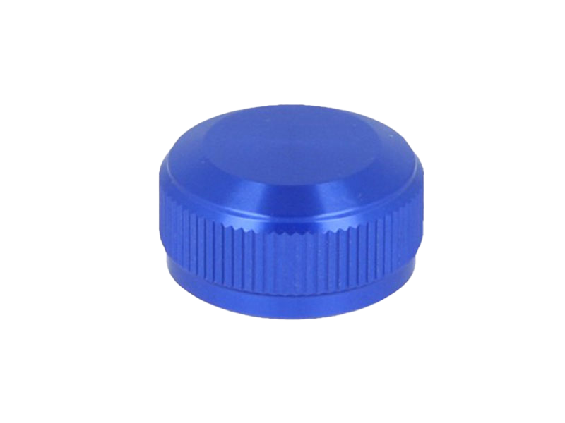 Eine blaue, runde Avail 19 SLX MGL | 20 SLX DC | 21 SLX BFS Aluminium Spool Tension Knob Cap mit strukturiertem Griff, abgebildet auf einem schlichten weißen Hintergrund.