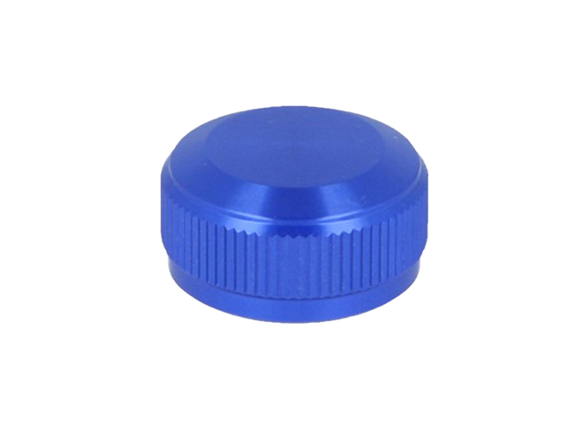 Eine blaue, runde Avail 19 SLX MGL | 20 SLX DC | 21 SLX BFS Aluminium Spool Tension Knob Cap mit strukturiertem Griff, abgebildet auf einem schlichten weißen Hintergrund.