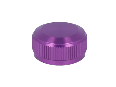 Eine kleine, runde, metallische Lila Avail Aluminum Spool Tension Knob Cap mit einer geriffelten Kante für Grip, kompatibel mit 19 SLX MGL, 20 SLX DC und 21 SLX BFS Shimano Rollen, dargestellt auf einem schlichten weißen Hintergrund.