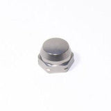 Die Avail Shimano Handle Locknut M7, die für Original-Shimano-Kurbeln entwickelt wurde, zeichnet sich durch ein Gunmetal-Finish und eine kuppelförmige Sechskantkappe aus, die aus haltbarem Aluminium A2017 gefertigt ist und auf einem schlichten weißen Hintergrund steht.