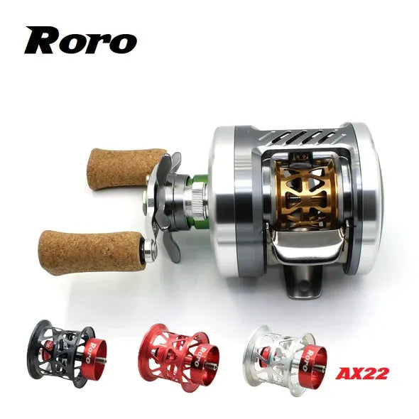 Eine Roro Lure BFS Titanium Spule AX22 Baitcastingrolle mit Korkgriffen ist in Silber mit goldener Spule abgebildet. Unten sind schwarze, rote und silberne Spulenoptionen für 23 SLP Millionaire Air und weitere Präzisions-Casting-Modelle abgebildet.