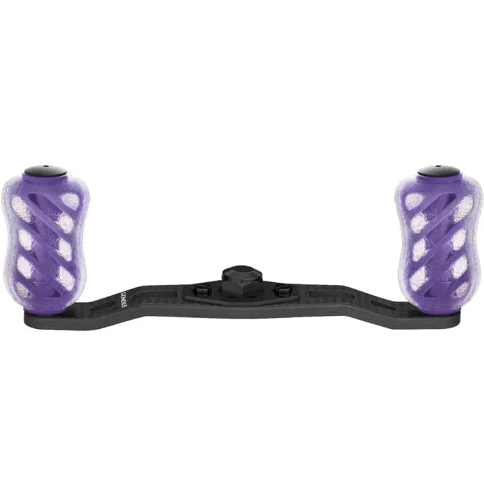 Der Gomexus 20mm Finesse Touch Knob TPE von Gomexus ist ein schwarzer Angelrollengriff mit zwei strukturierten, violetten TPE-Griffknöpfen, einem zentralen Befestigungspunkt und einem einfachen, leichten Design.
