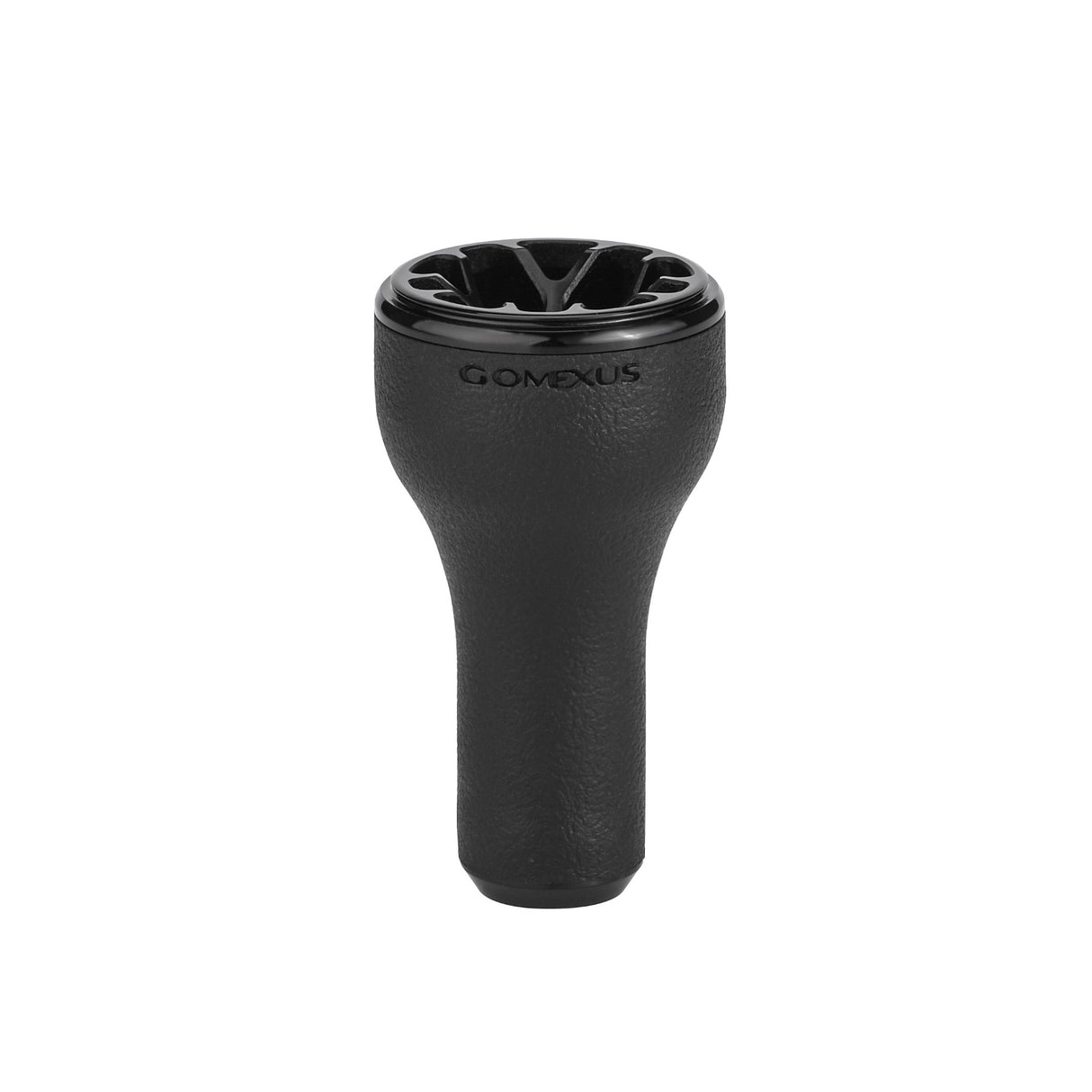 Der Gomexus 30mm TPE-L Knopf ist ein schwarzer, strukturierter, rutschfester Griff mit einer abgerundeten Basis und einer glänzenden, teilweise offenen Oberseite. Der Schriftzug "GOMEXUS" erscheint in der Nähe der Oberseite. Der Knopf ist auf einem schlichten weißen Hintergrund abgebildet.