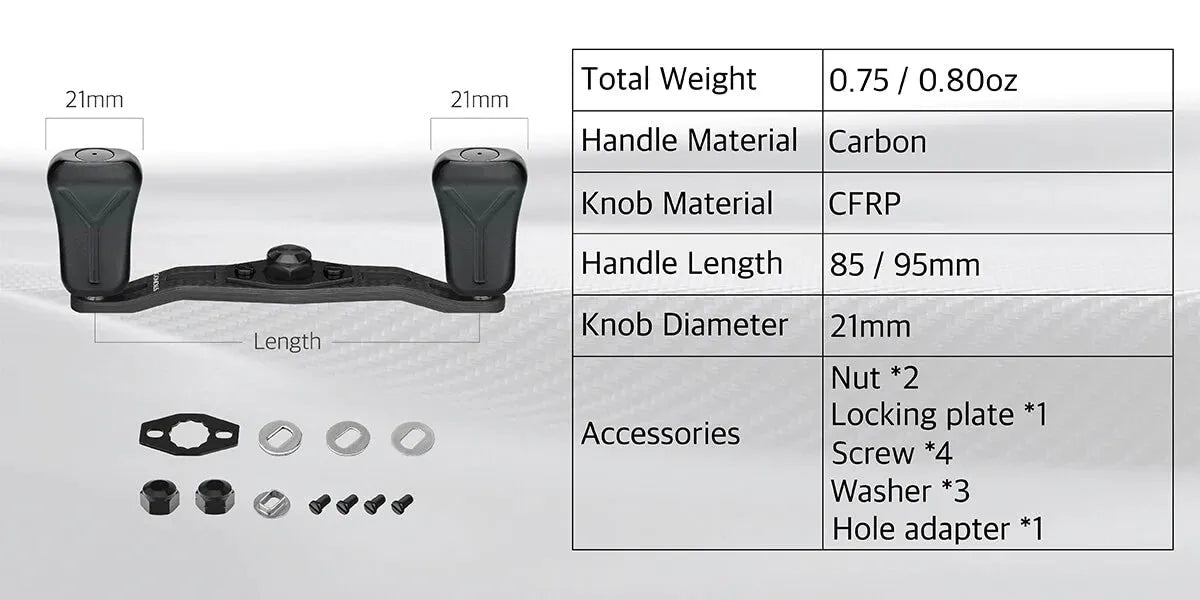 Der Gomexus 85|95 mm Carbongriff mit 21 mm Verbundknöpfen (8 x 5 mm) verfügt über Verbundknöpfe, eine CFK-Konstruktion und wird unter der Tabelle detailliert mit Spezifikationen und mitgeliefertem Zubehör beschrieben.