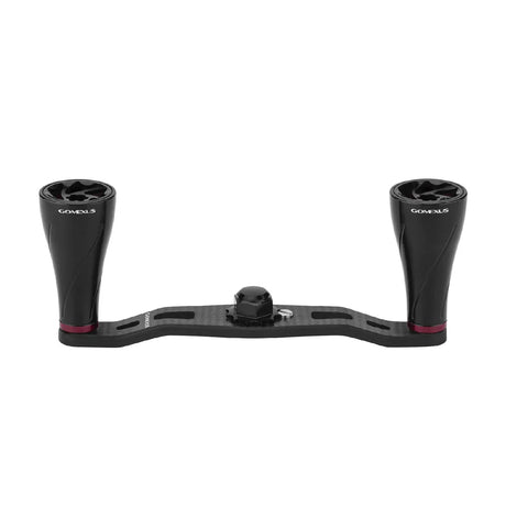 Ein roter Gomexus 95mm Carbon Griff mit A20P Knobs, hergestellt aus TORAY-Carbon mit gebogenen Griffen mit weißem GOMEXUS Branding und einer zentralen Befestigung für eine sichere Rollenmontage.