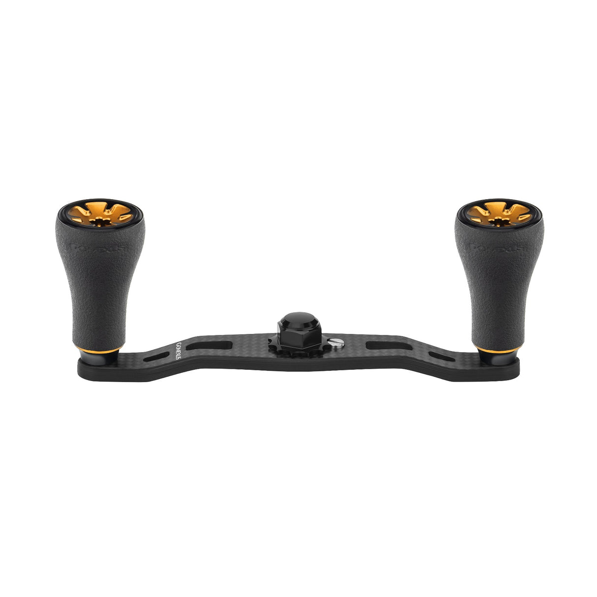 Der Gomexus 95mm Carbon Handle mit P20 Knobs, in Gold, verfügt über zwei strukturierte P20 Knobs aus umweltfreundlichem TPE-Material und ist auf einer Carbonbasis montiert, die auf weißem Hintergrund abgebildet ist.