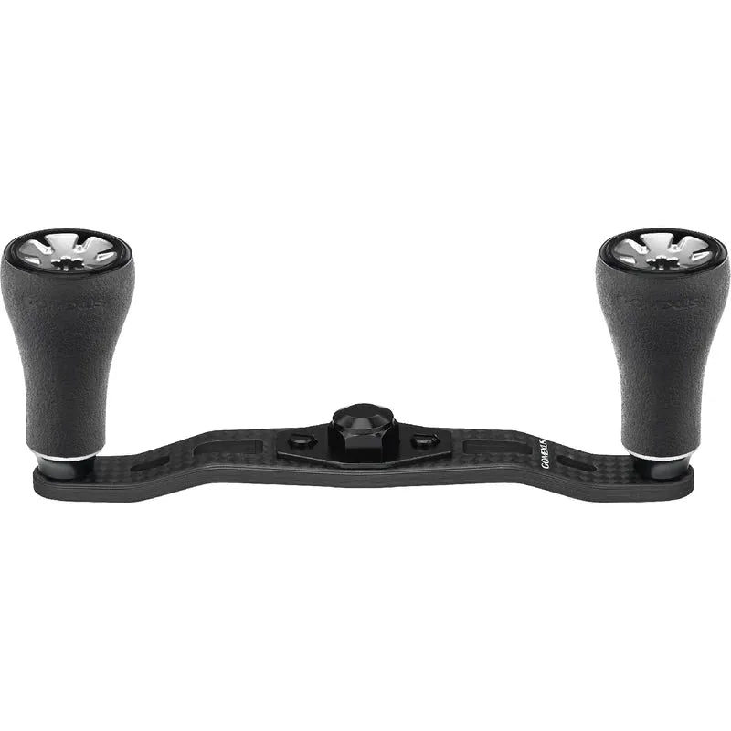 Der Gomexus 95mm Carbon Griff mit P20 Knobs ist ein silberner Angelrollengriff mit texturierten P20 Knobs und einem zentralen Befestigungspunkt, hergestellt aus Kohlefaser.