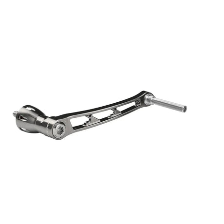 Ein metallischer Plattenspieler-Tonarm mit hohlem, skelettartigem Design und zylindrischem Headshell, auf Weiß fotografiert, ähnelt dem Gomexus Aluminium Handle für Stationärrollen (ohne Knöpfe | 68 mm) von Gomexus.