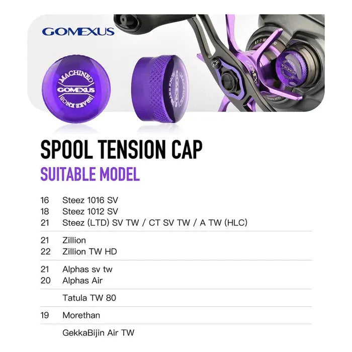 Abgebildet ist eine violette Gomexus Aluminium-Spulenspannknopfkappe für Baitcastingrollen. Der folgende Text listet kompatible Modelle auf: Steez, Zillion, Alphas, Tatula, Morethan und GekkaBijin Air TW.